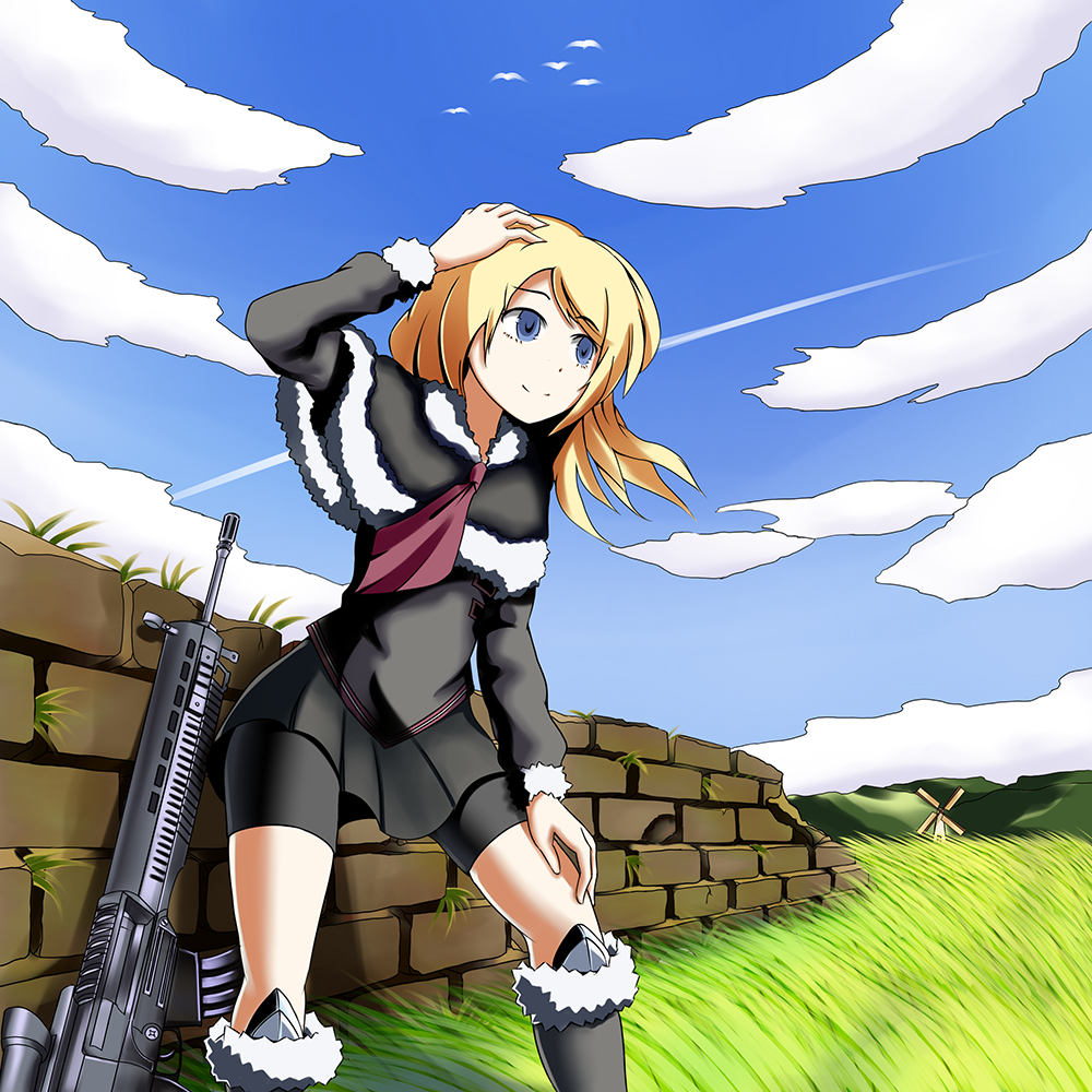 1girl, assault_rifle, bike_shorts, blonde_hair, blue_sky, boots, brick_wall, capelet, drawfag, field, gun, hand_on_thigh, knee_boots, knee_pads, long_hair, necktie, original, pleated_skirt, rifle, shorts_under_skirt, sig_(sfried), sig_556, skirt, sky, smile, solo, weapon, wind, windmill
