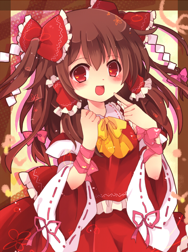 1girl, 3535carrot, alternate_hairstyle, ascot, blush, bow, brown_eyes, brown_hair