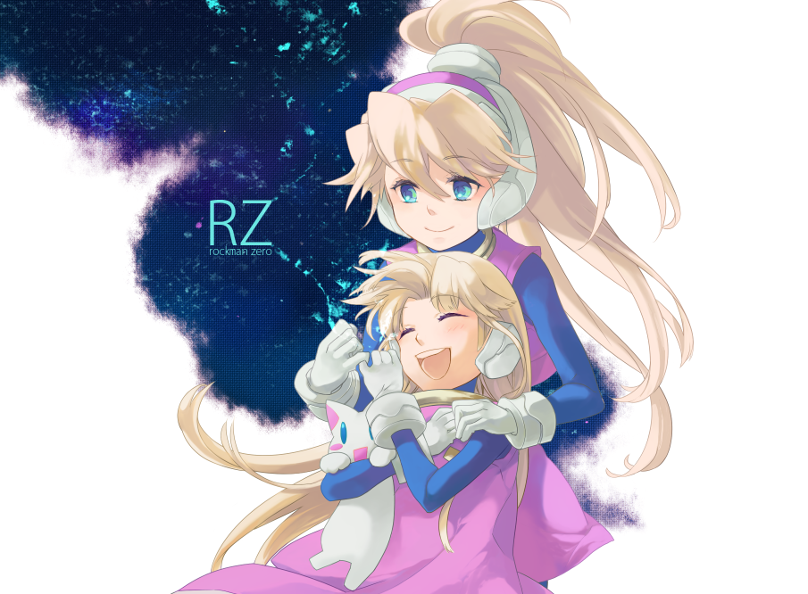 alouette_(mega_man), alouette_(rockman_zero), blonde_hair, blue_eyes, ciel_(rockman), closed_eyes, doll, eyes_closed, gloves, nyoroge, ponytail, rockman, rockman_zero