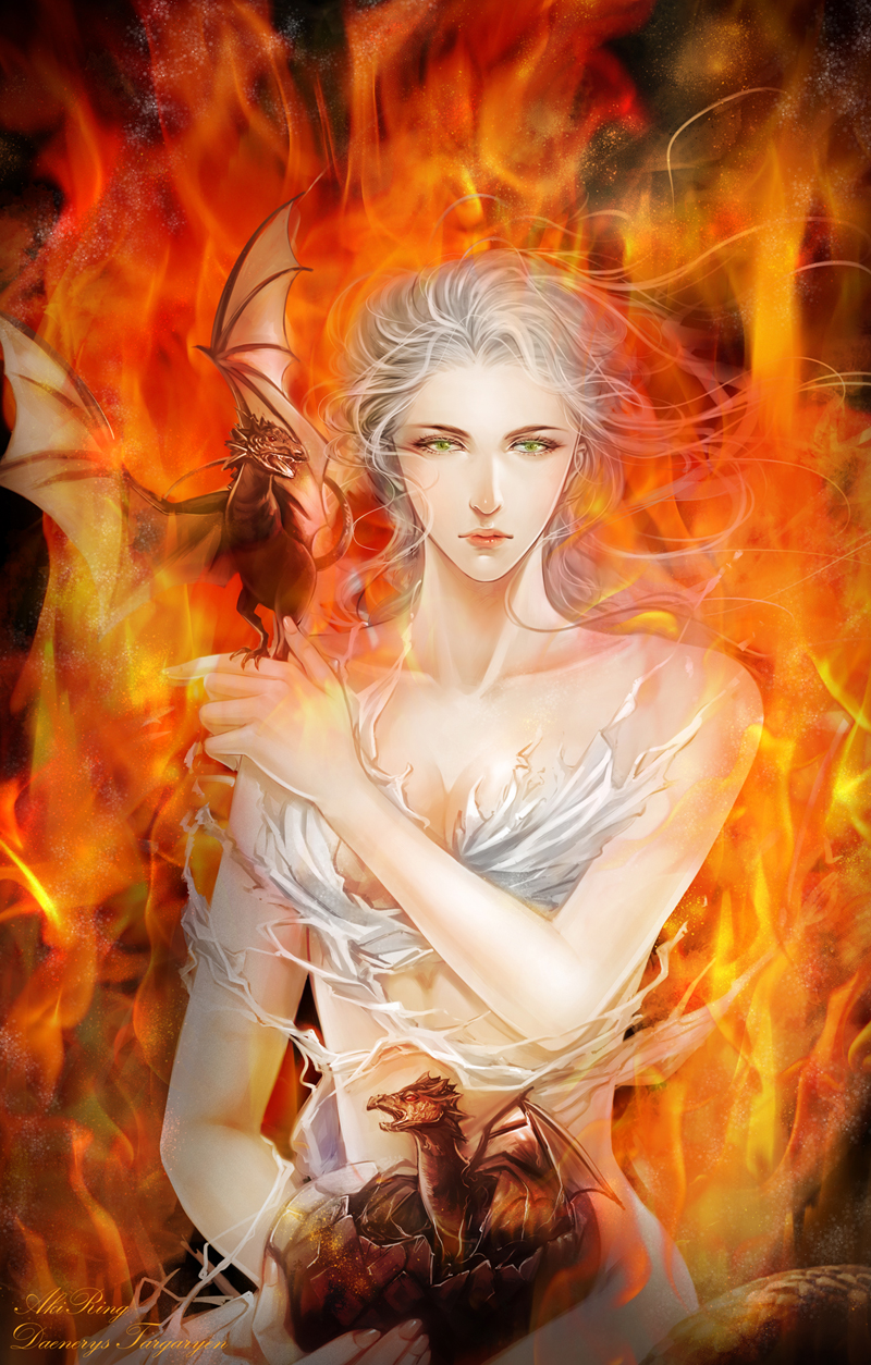 1girl, a_song_of_ice_and_fire, breasts, cleavage, daenerys_targaryen, dkaki, dragon, egg