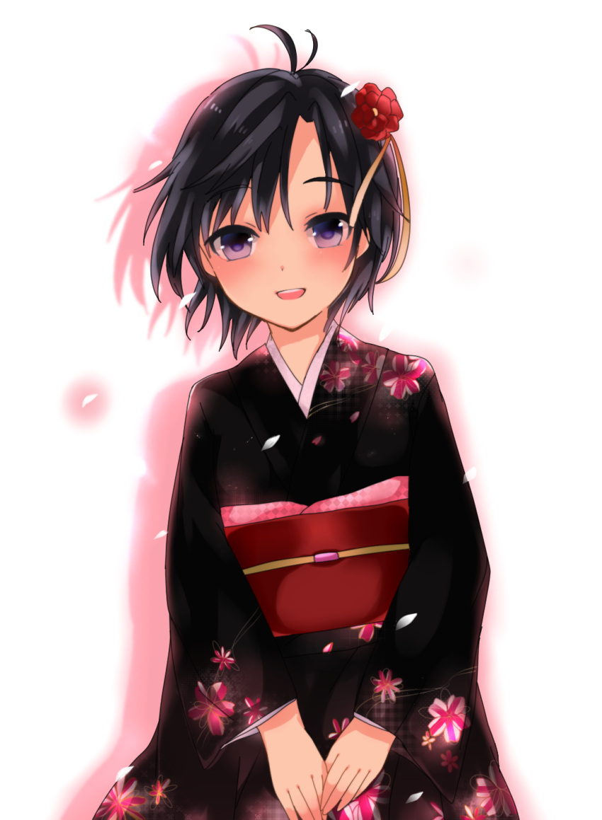 1girl, antenna_hair, cherry_blossoms, flower, hair_flower, hair_ornament, hair_ribbon, highres, idolmaster, japanese_clothes, kikuchi_makoto, kimono, long_sleeves, looking_at_viewer, obi, open_mouth, purple_eyes, ribbon, short_hair, simple_background, solo, taizou, violet_eyes, white_background