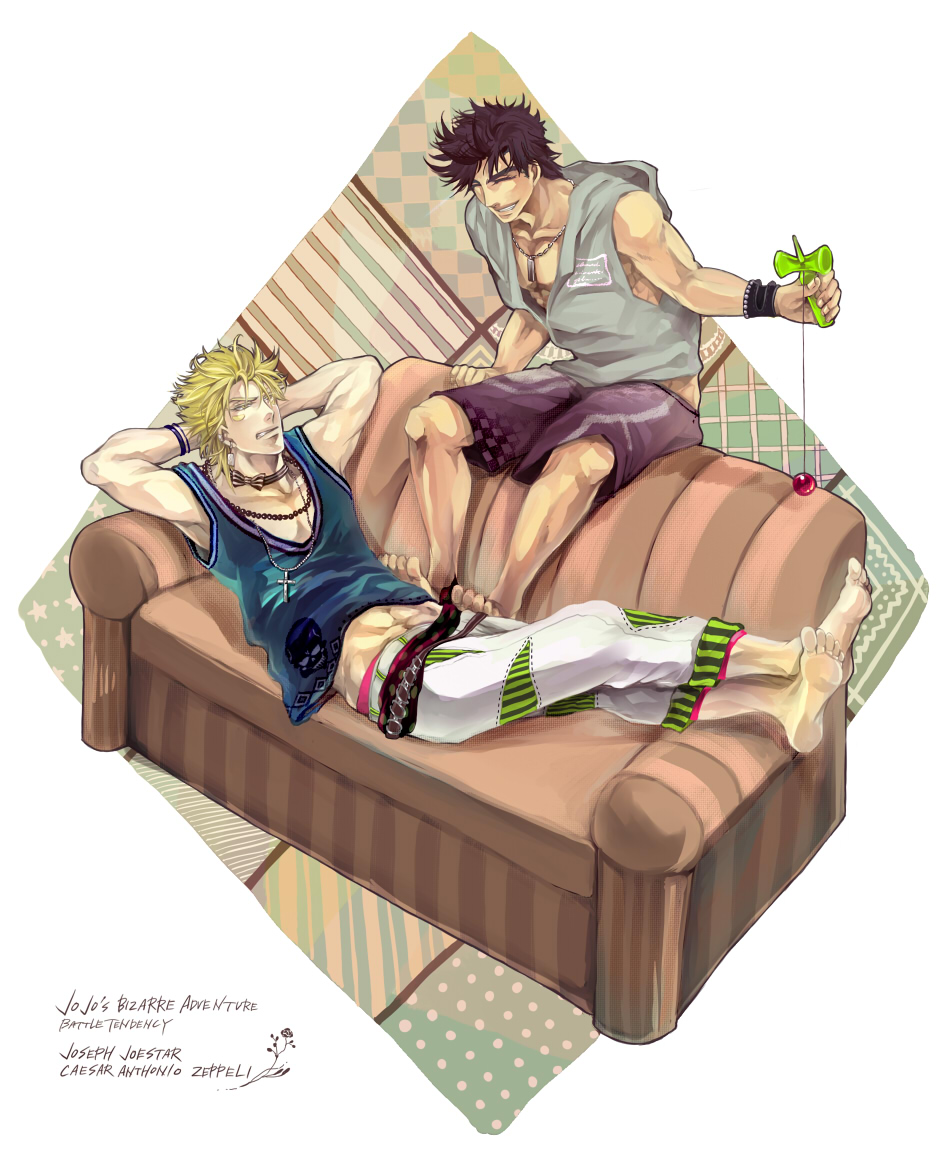 2boys, barefoot, black_hair, blonde_hair, caesar_anthonio_zeppeli, casual, cross, cross_necklace
