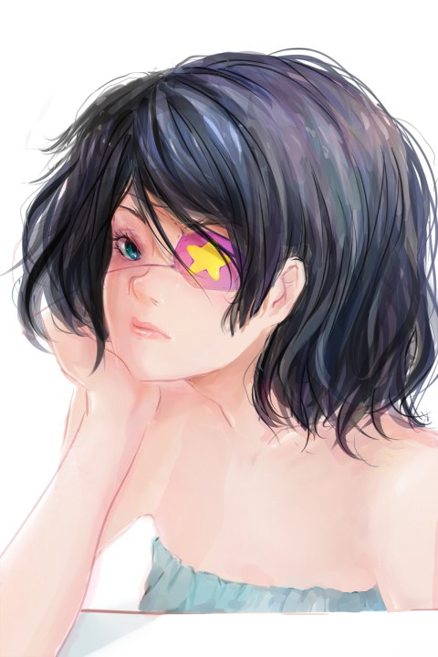 another, bare_shoulders, black_hair, blue_eyes, chin_rest, eyepatch, looking_at_viewer, misaki_mei