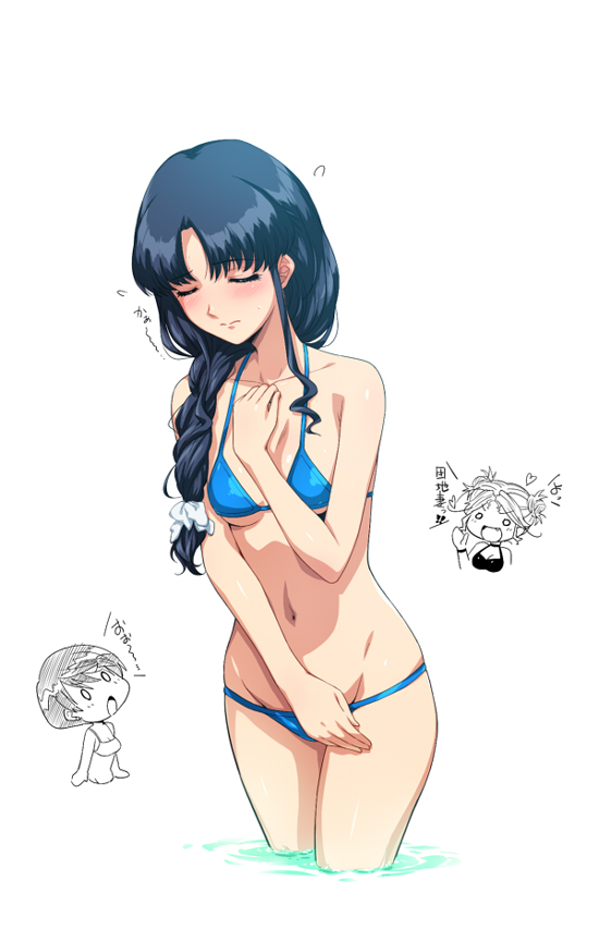 0_0, 3girls, bikini, blue_hair, blush, bow, breasts, closed_eyes