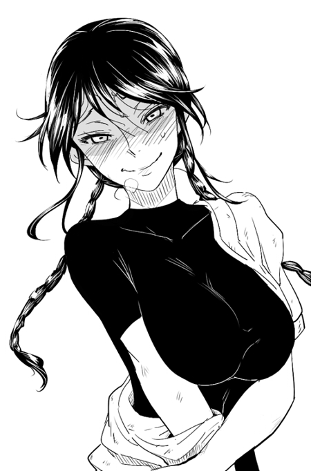 1girl, blush, braid, breasts, bust, character_request, hairu, long_hair