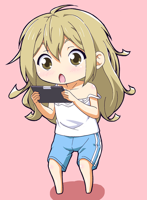 1girl, :o, brown_eyes, brown_hair, chibi, gym_shorts, koujiro_frau, masaki_itsuki