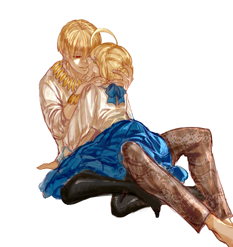 1boy, 1girl, ahoge, arched_back, black_legwear, blonde_hair, bracelet, fate/zero