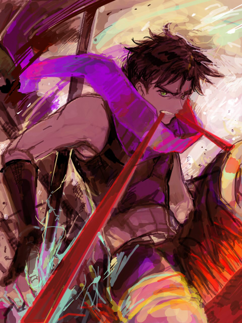 1boy, black_hair, electricity, green_eyes, jojo_no_kimyou_na_bouken, joseph_joestar_(young), makiv, midriff