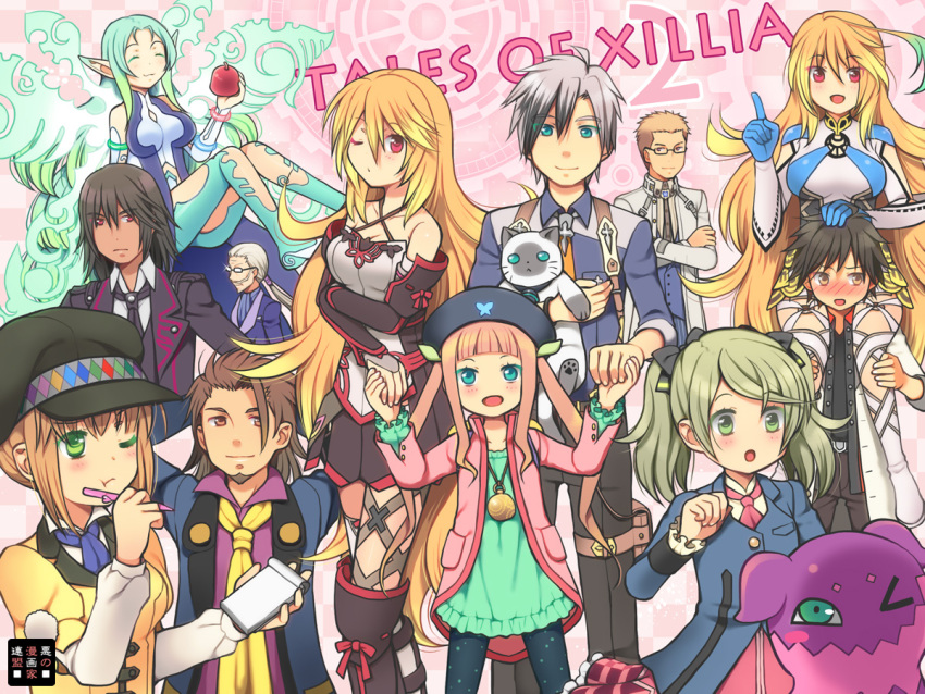 6+boys, 6+girls, ;t, ahoge, alvin_(tales_of_xillia), aqua_eyes, beard, black_hair
