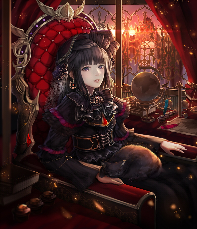 1girl, black_eyes, black_hair, book, cat, feathers, globe, jname