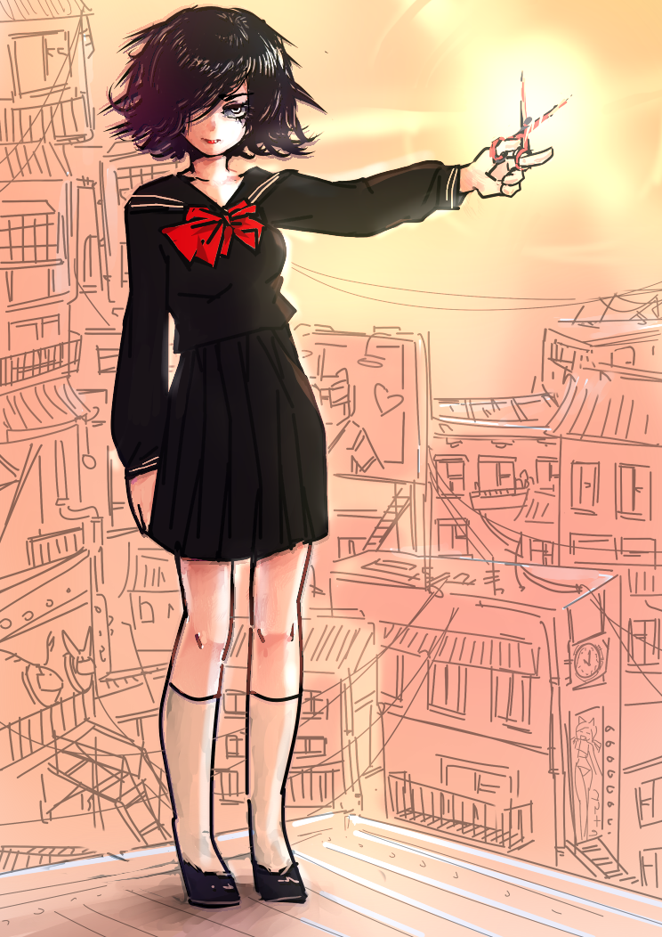 1girl, black_eyes, black_hair, cityscape, hair_over_one_eye, nazo_no_kanojo_x, rooftop, school_uniform
