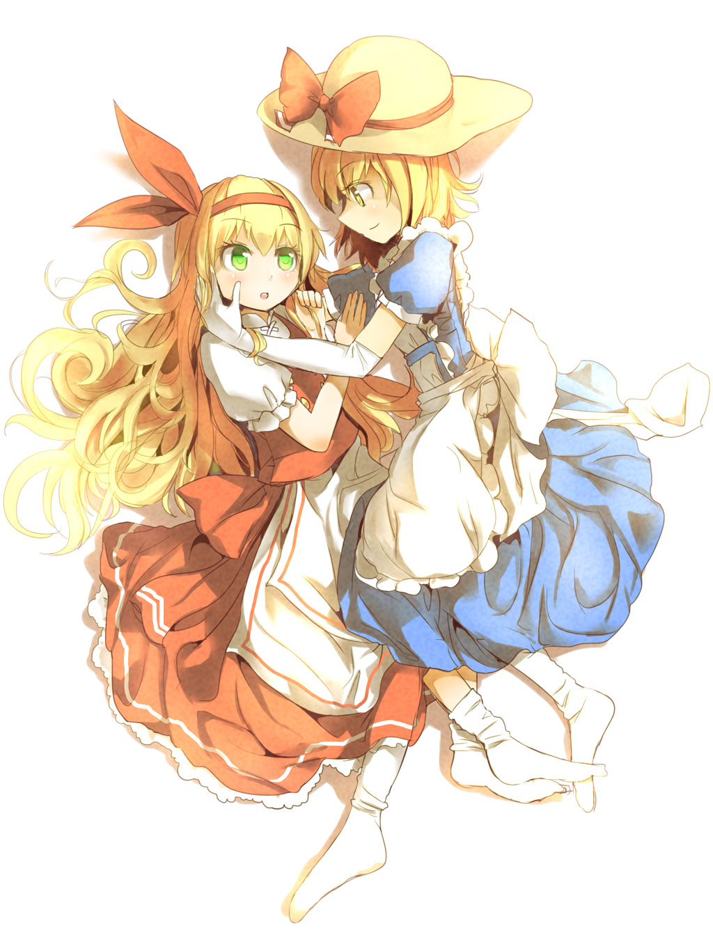 2girls, apron, blonde_hair, blue_dress, blush, bow, culter, dress