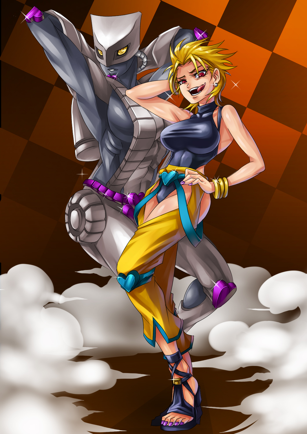 2girls, blonde_hair, bracelet, breasts, cleavage, dio_brando, earrings, feet