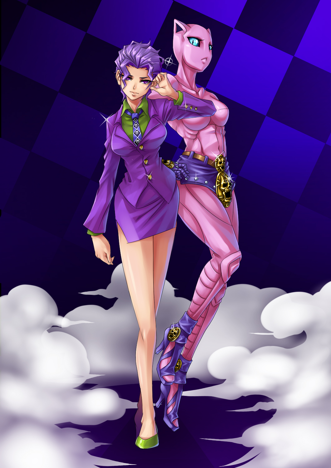 2girls, belt, blue_eyes, formal, freedomz3, genderswap, gloves, high_heels
