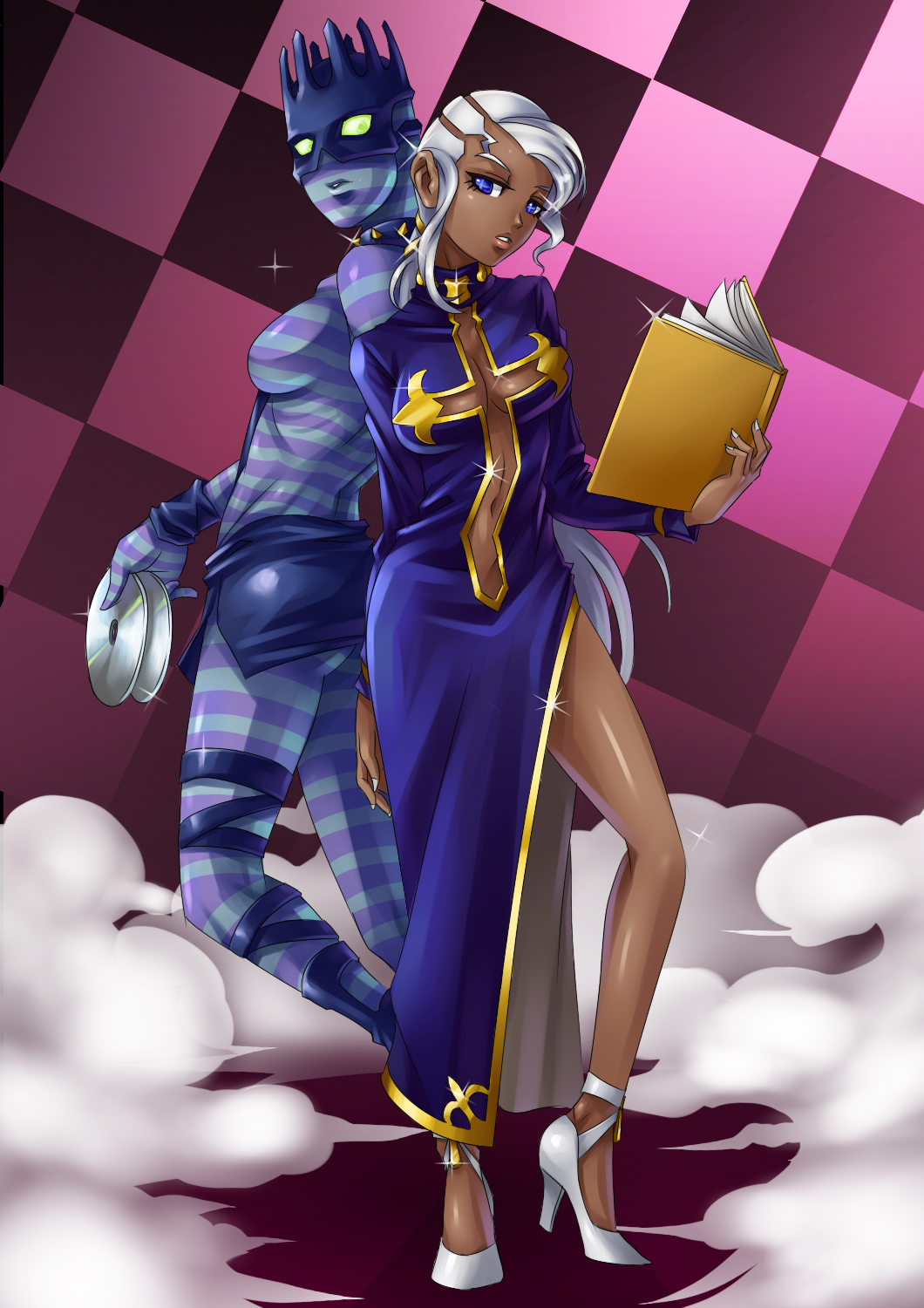 blue_eyes, book, breasts, cd, cleavage, cross, dark_skin, dress