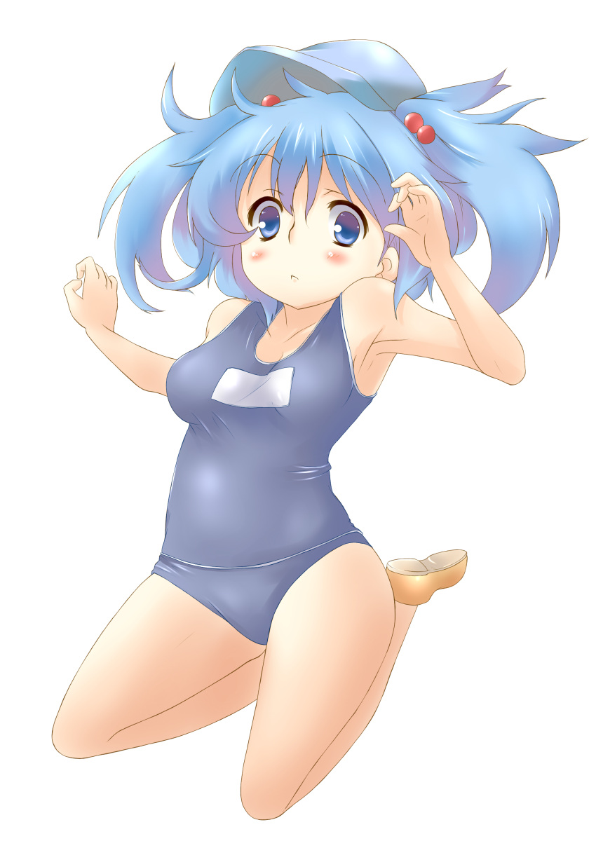 1girl, :<, absurdres, blue_eyes, blue_hair, breasts, cap, hair_bobbles