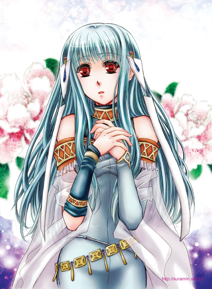 1girl, bare_shoulders, blue_hair, breasts, choker, dress, fire_emblem, flower, hair_ornament, long_hair, nakabe_e, ninian, red_eyes, see-through, solo