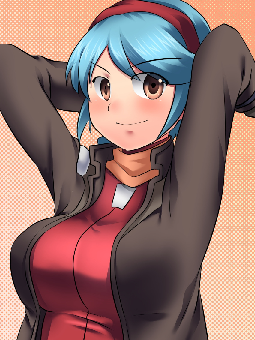 1girl, aqua_hair, arisa_gunhale, blush, braid, breasts, brown_eyes, gundam