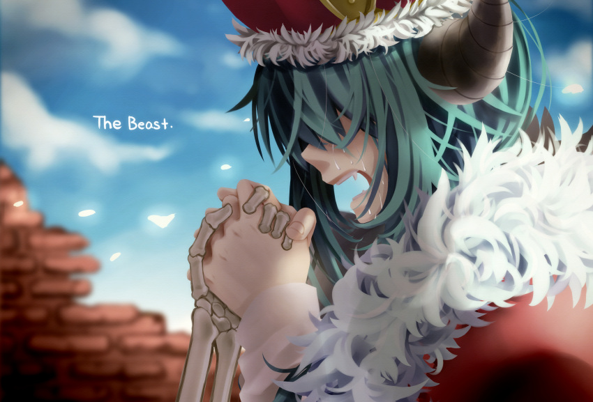 absurdres, crown, crying, hands_together, hatsune_miku, highres, horn, ichinose_natsuki, skeleton, solo, tears, the_beast_(vocaloid), vocaloid