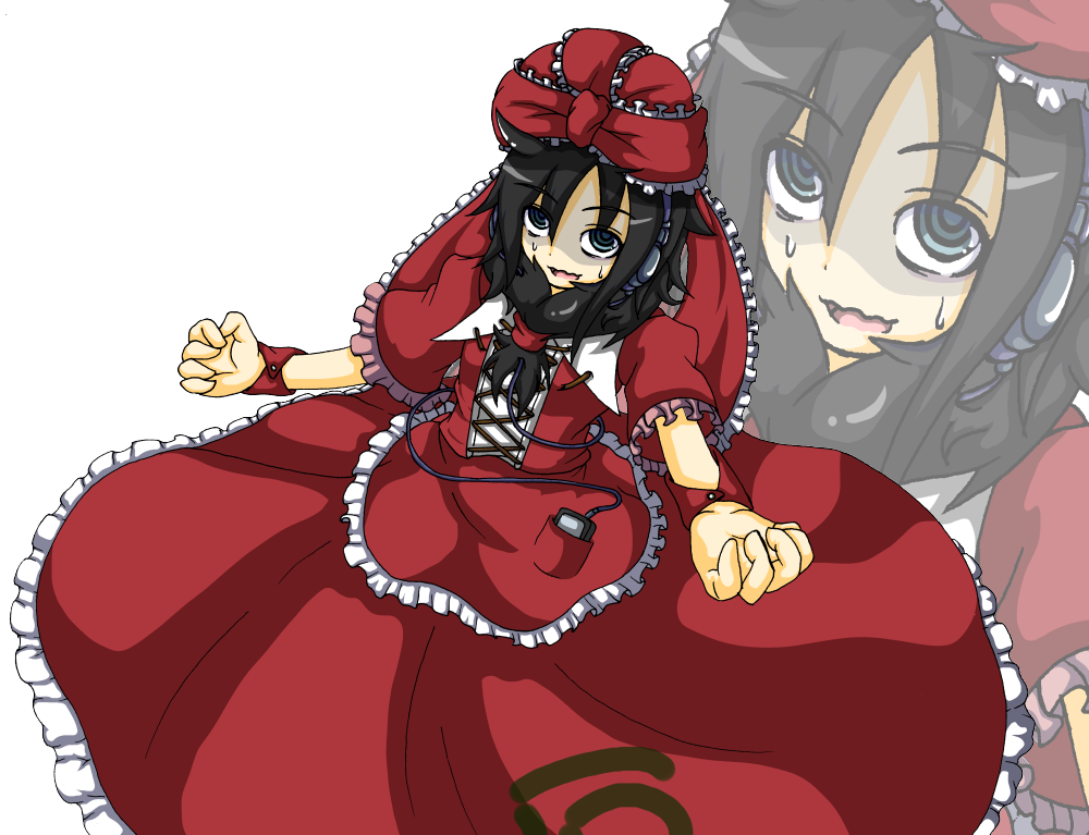 1girl, black_hair, bow, cosplay, dress, frills, front_ponytail, grey_eyes, hair_bow, hair_ribbon, headphones, kagiyama_hina, kagiyama_hina_(cosplay), kuroki_tomoko, media_player, red_dress, ribbon, ringed_eyes, solo, teikoku_gensui, touhou, watashi_ga_motenai_no_wa_dou_kangaetemo_omaera_ga_warui!, zoom_layer