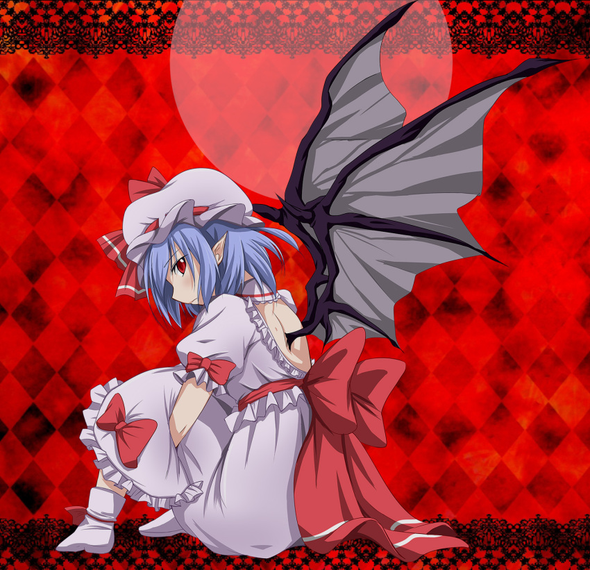 1girl, backless, bat_wings, boots, border, checkered, checkered_background, dress
