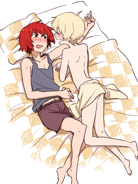 2boys, blonde_hair, blue_eyes, blush, boxers, closed_eyes, eyes_closed, haru_(tsuritama)