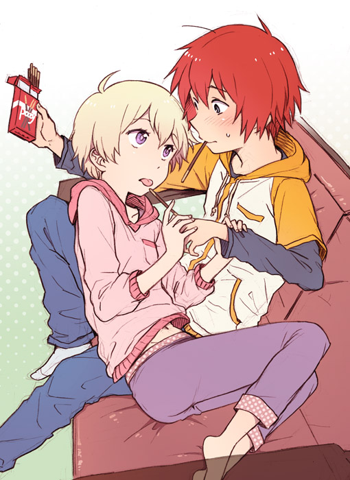 2boys, barefoot, blonde_hair, blue_eyes, blush, food, haru_(tsuritama), hoodie