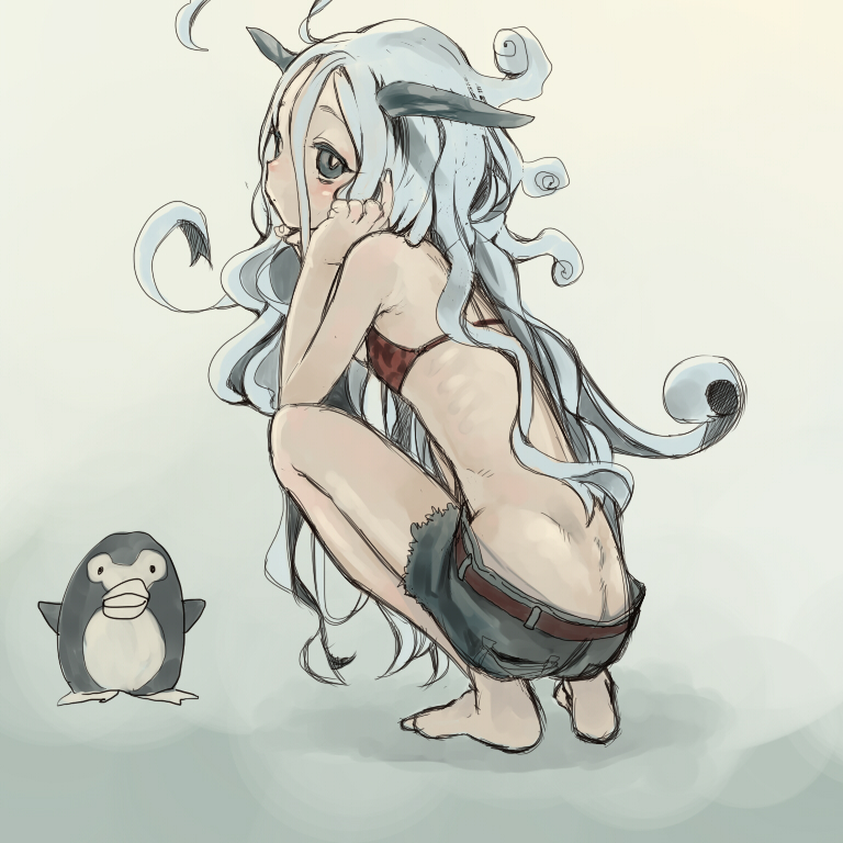 1girl, bikini_top, bird, blue_hair, copyright_request, curly_hair, dwayne_(wadk), horns, long_hair, penguin, short_shorts, shorts, squatting, very_long_hair