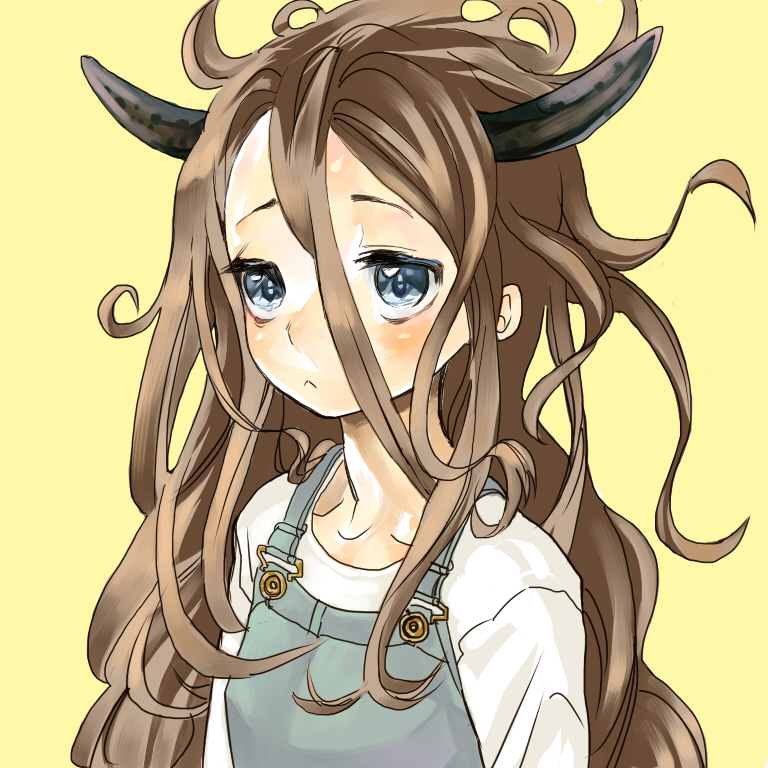 1girl, blue_eyes, blush, brown_hair, copyright_request, curly_hair, dwayne_(wadk), horns, long_hair, overalls, very_long_hair