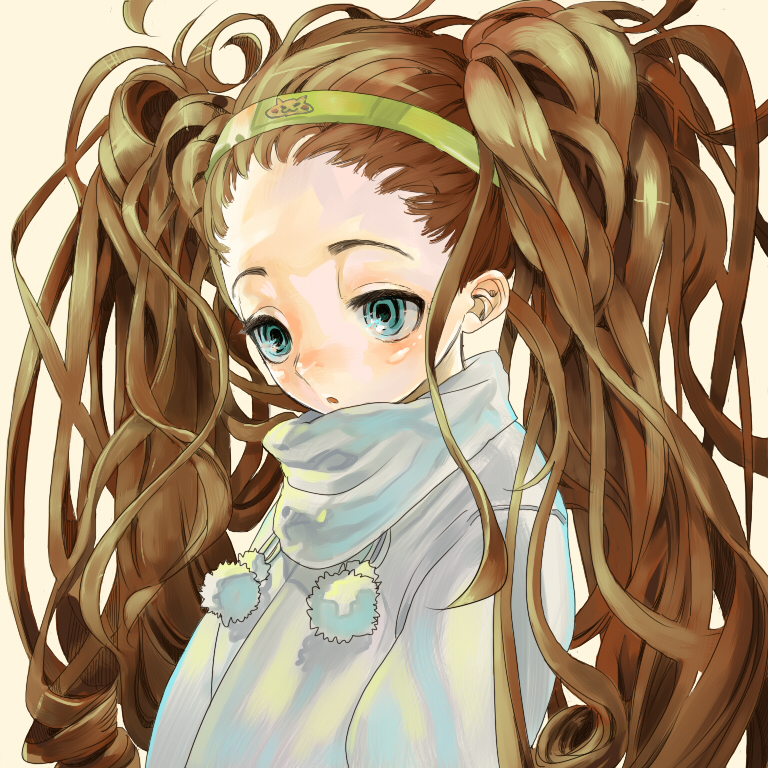 1girl, blue_eyes, blush, brown_hair, copyright_request, curly_hair, dwayne_(wadk), forehead