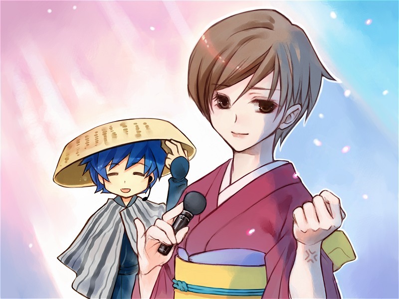 1girl, blue_hair, brown_eyes, brown_hair, hat, japanese_clothes, kaito, kimono