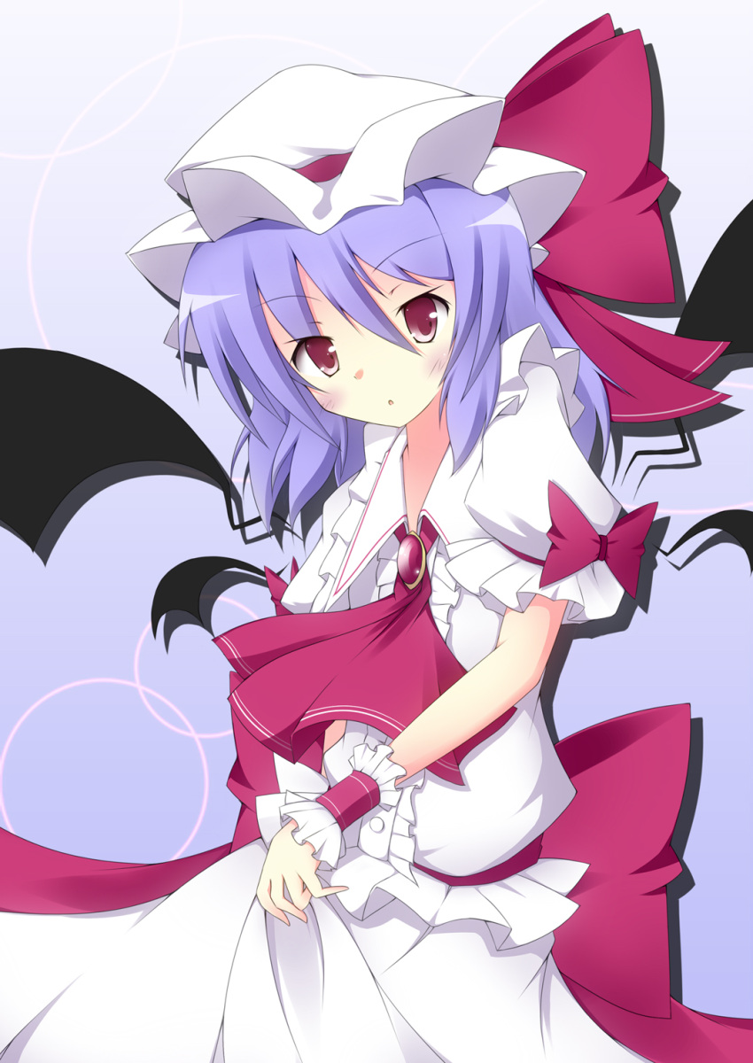 :o, bat_wings, bow, brooch, dress, ekusuy_kinoto, hat, highres, jewelry, puffy_short_sleeves, puffy_sleeves, purple_eyes, purple_hair, remilia_scarlet, ribbon, short_hair, short_sleeves, simple_background, smile, solo, touhou, violet_eyes, wings