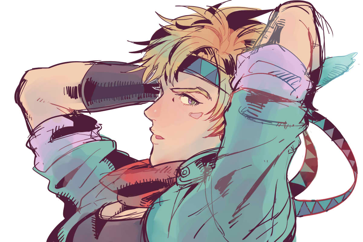 1boy, blonde_hair, caesar_anthonio_zeppeli, facial_mark, feathers, headband, jacket, jojo_no_kimyou_na_bouken, purple_eyes, solo, tosaka-maru, violet_eyes
