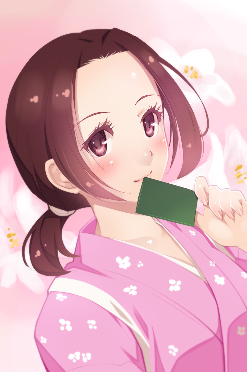 1girl, blush, brown_eyes, brown_hair, bust, card, chihayafuru, flower