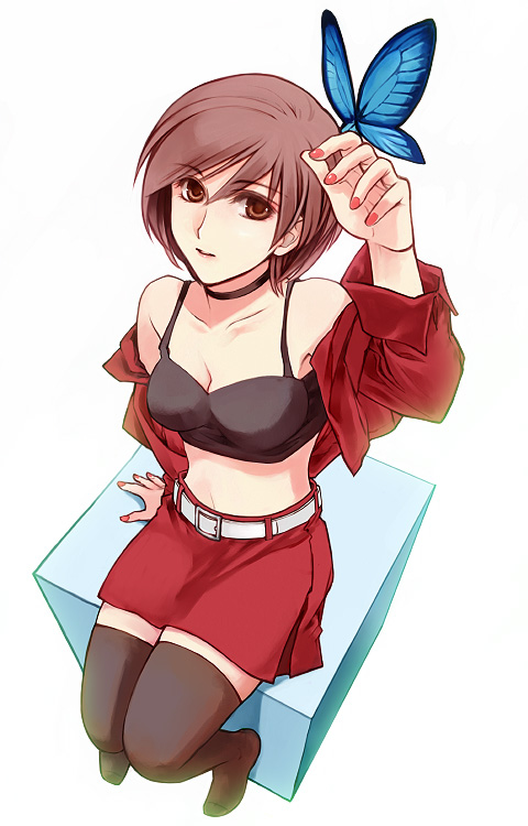 brown_eyes, brown_hair, bustier, butterfly, cleavage, foreshortening, from_above, hands