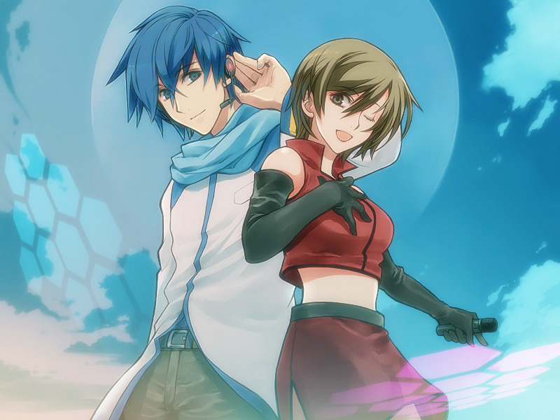 1boy, 1girl, blue_hair, brown_eyes, brown_hair, coat, couple, elbow_gloves
