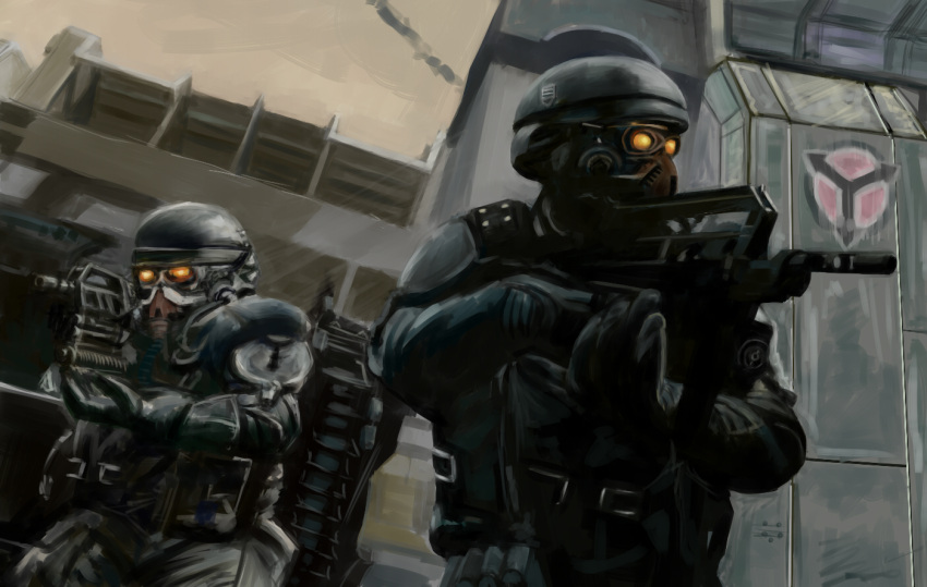 bullpup, city, gloves, glowing, glowing_eyes, gun, helghast, helmet