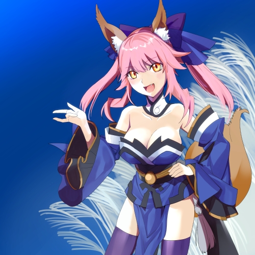 1girl, animal_ears, bare_shoulders, blue_legwear, bow, breasts, caster_(fate/extra), cleavage
