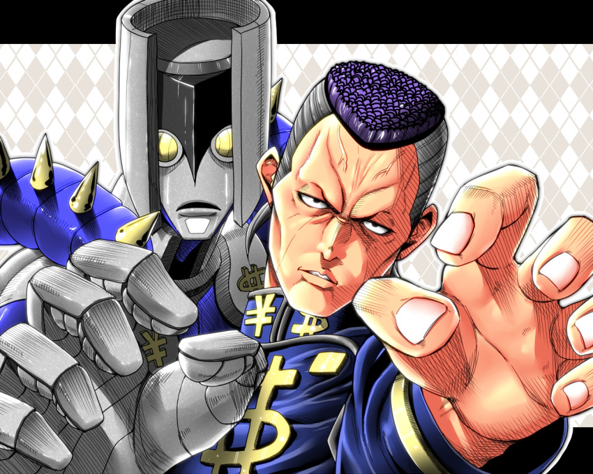 2boys, argyle, argyle_background, black_hair, dollar_sign, gakuran, grey_hair, jojo_no_kimyou_na_bouken