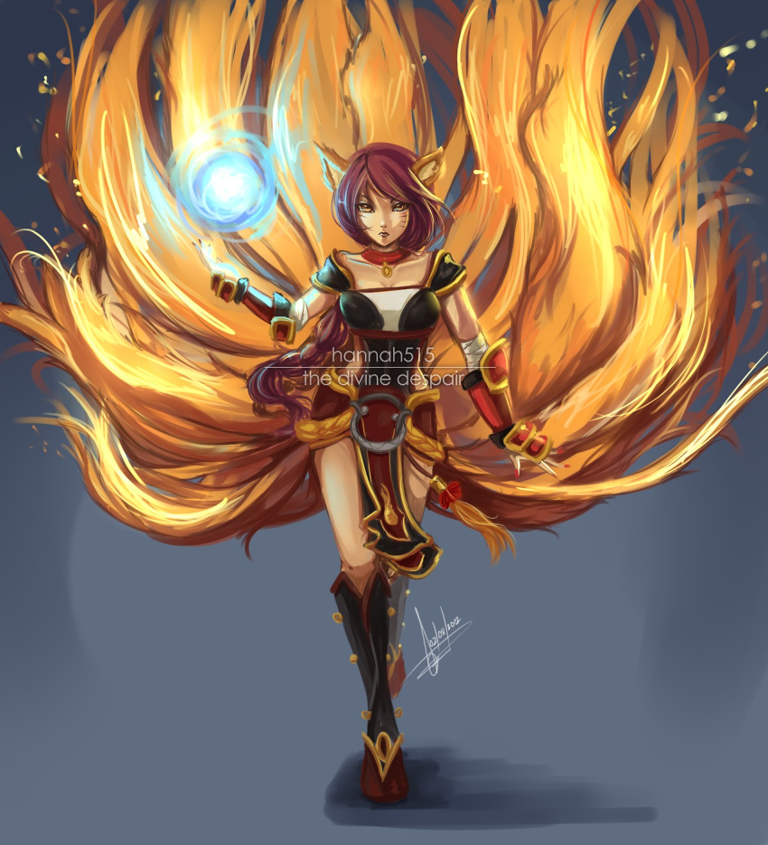 1girl, ahri, animal_ears, armor, armored_dress, braid, collar, crossed_legs_(standing)