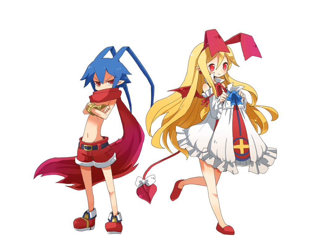 1boy, 1girl, animal_ears, antenna_hair, artist_request, bat_wings, blonde_hair, blue_hair