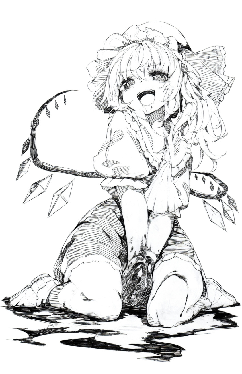 1girl, absurdres, ascot, blood, bloody_hands, flandre_scarlet, graphite_(medium), hat