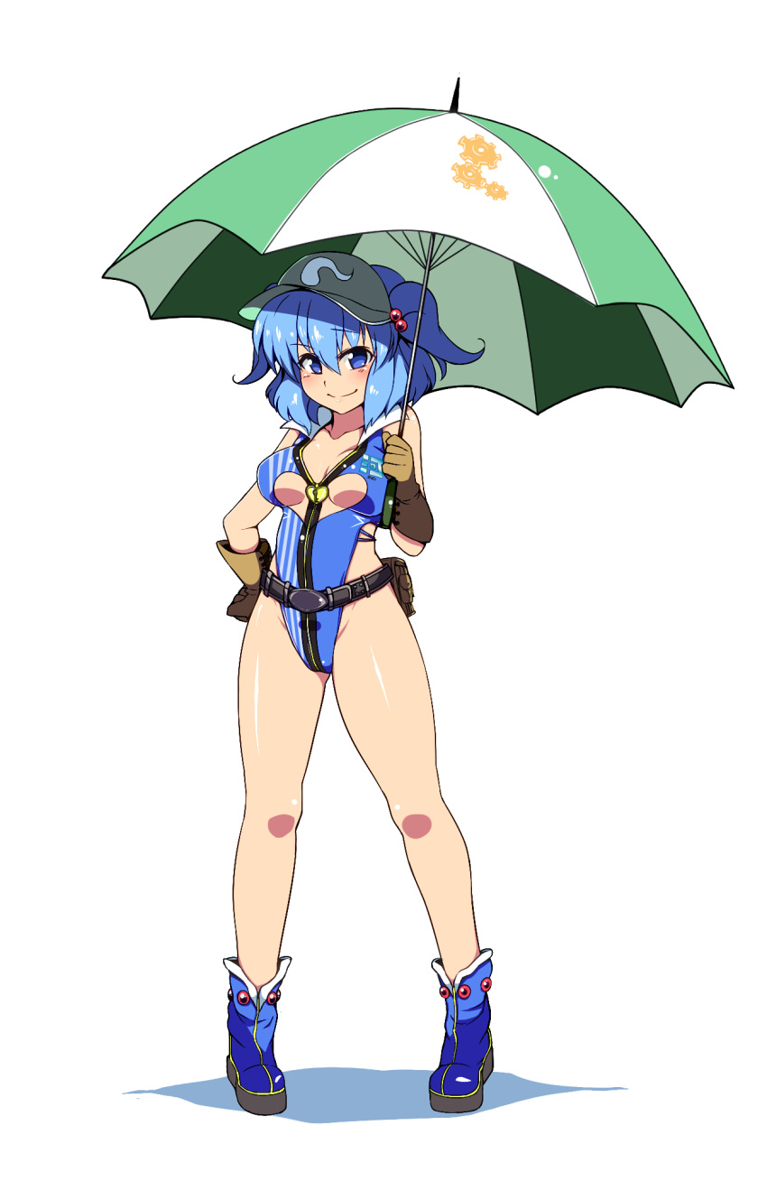 1girl, alternate_costume, belt, blue_eyes, blue_hair, boots, breasts, cleavage_cutout