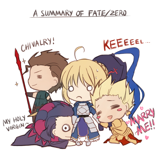 1girl, 4boys, =_=, ahoge, armor, armored_dress, berserker_(fate/zero), blonde_hair