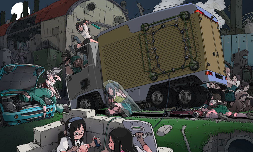 2boys, 6+girls, baseball_bat, baton, black_eyes, black_hair, blue_hair, breasts