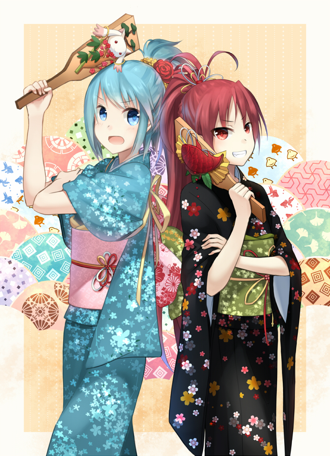 2girls, alternate_costume, alternate_hairstyle, back-to-back, blue_eyes, blue_hair, floral_print, flower