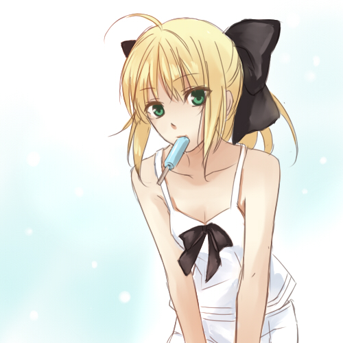 1girl, ahoge, barefoot, bow, breasts, cleavage, down_blouse, fate/unlimited_codes