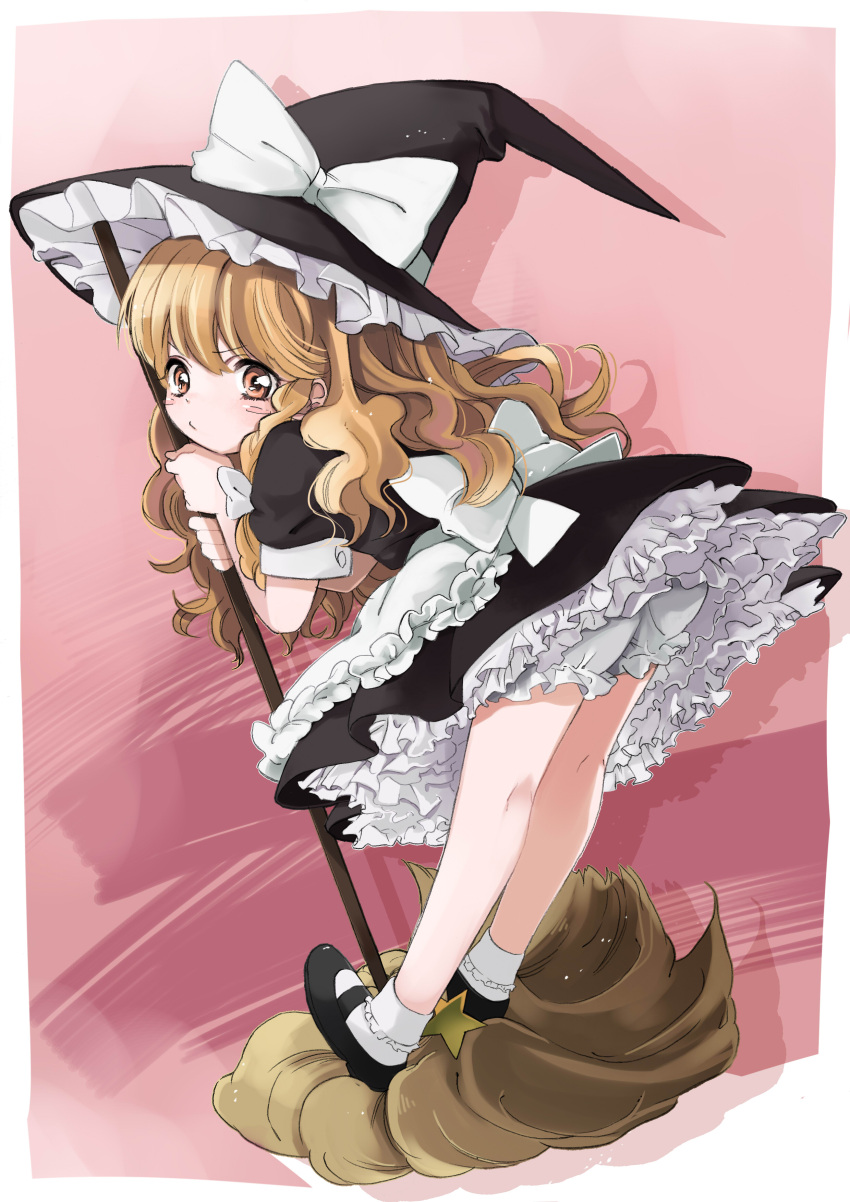 1girl, absurdres, apron, black_dress, blonde_hair, bloomers, blush_stickers, bobby_socks, braid, broom, dress, frills, frown, hair_ribbon, hat, hat_ribbon, highres, igaaaaa, kirisame_marisa, leaning_forward, long_hair, looking_at_viewer, mary_janes, orange_eyes, petticoat, puckered_lips, ribbon, shoes, short_sleeves, socks, solo, star, touhou, upskirt, waist_apron, witch_hat