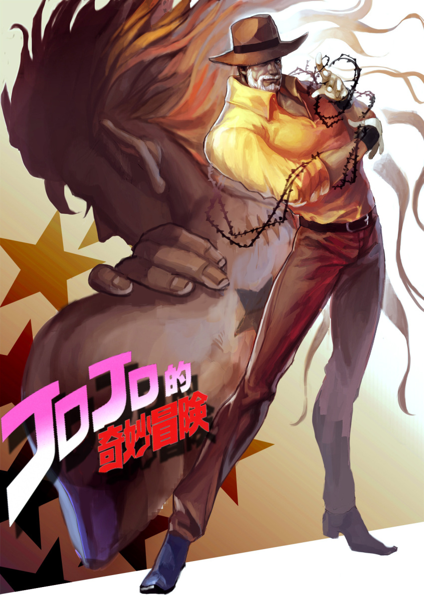 2boys, beard, birthmark, blonde_hair, dio_brando, facial_hair, fedora, from_behind