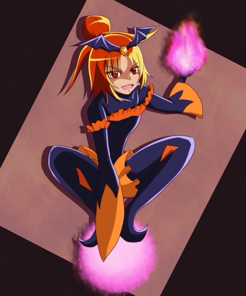 1girl, bad_end_precure, bad_end_sunny, clothed_navel, dark_persona, hands_on_hips, orange_eyes, orange_hair